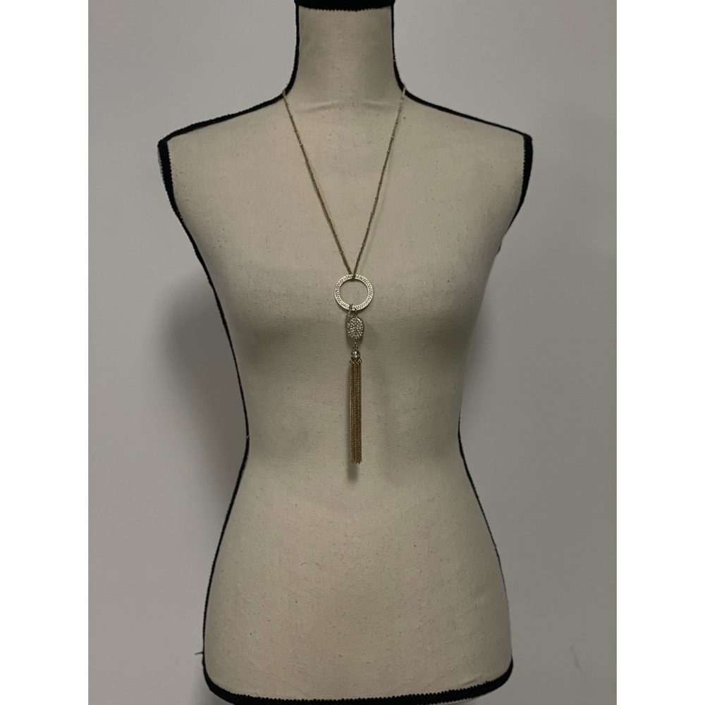 INC International Concepts Chain Tassel Rhinestone Gold Tone Pendant Necklace